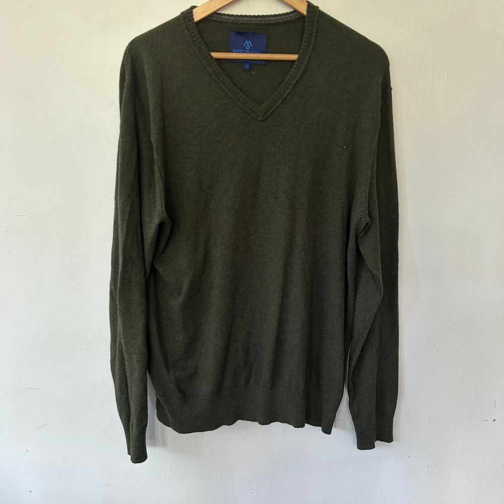Martin + Osa Mens Large Olive Green Cotton Wool Blend V-Neck Sweater Luxe Preppy